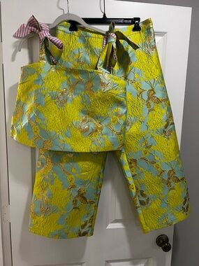 BURU Floral Jacquard Tie-Shoulder Yellow & Aqua Women's Set